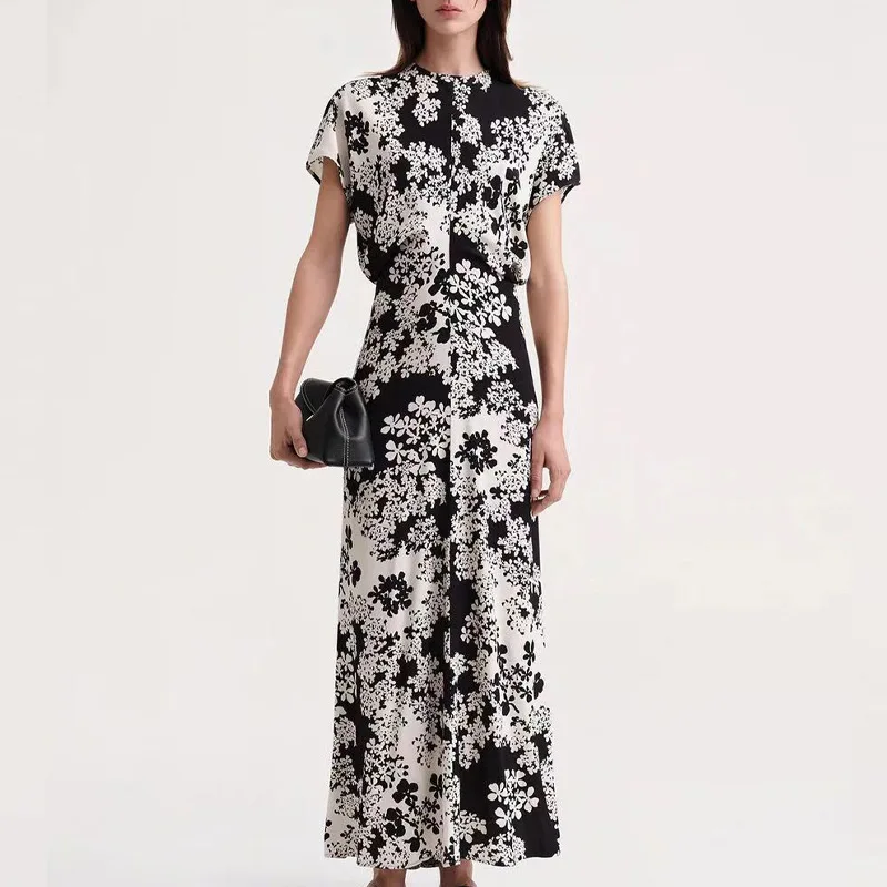 2023 Летнее новое женское длинное платье с коротким рукавом Винтажное платье с заниженной талией в виде фрагментированного цветка, Плиссированная талия для приталенной посадки