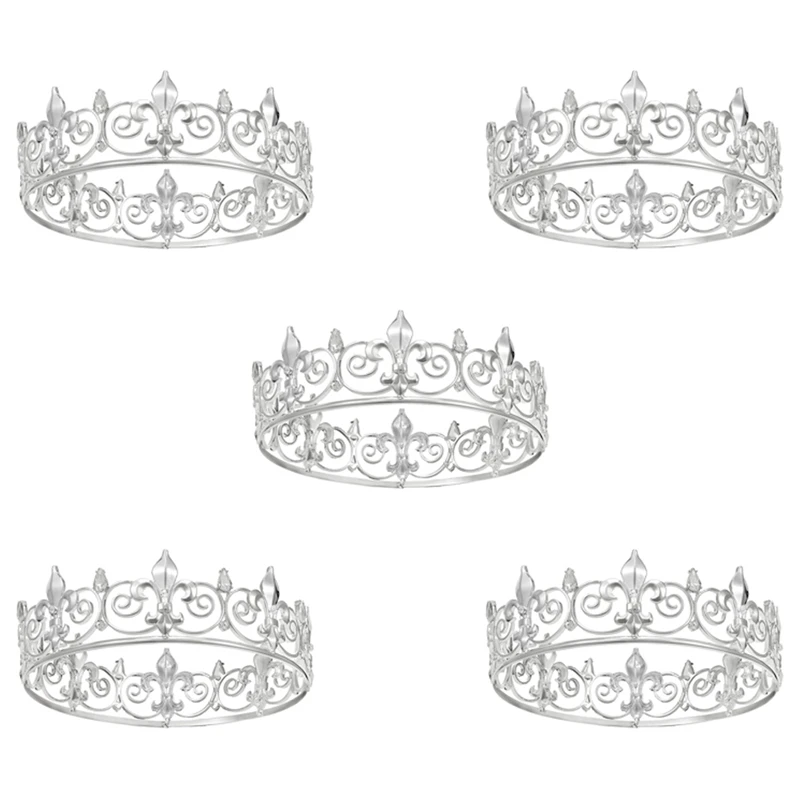 5X Royal King Crown для мужчин - Металлические короны и диадемы для принцев, Круглые шляпы для празднования Дня рождения, Средневековые (Серебристый цвет)