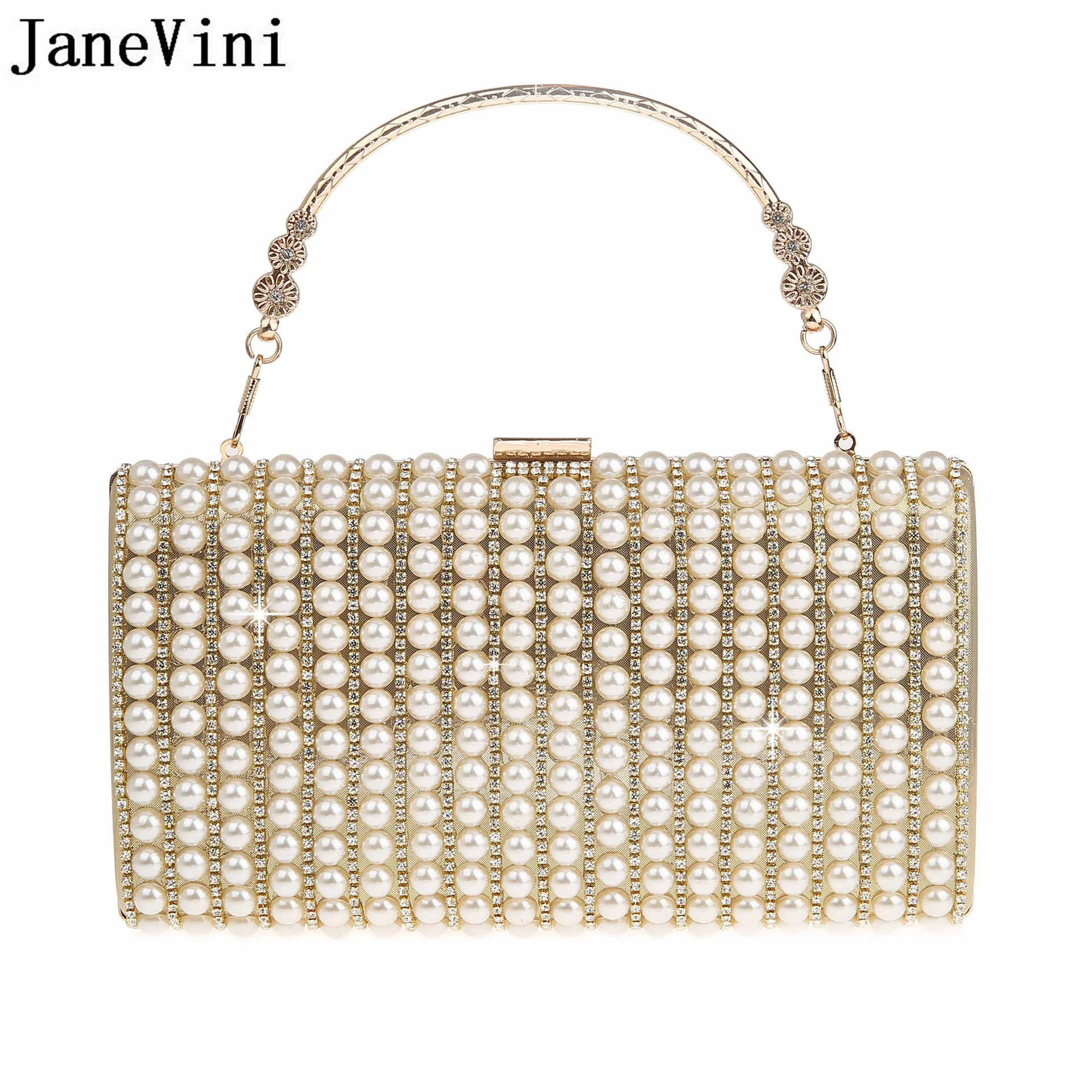 JaneVini Роскошный Клатч с кристаллами и Жемчугом, Женские свадебные сумки, сумка-мессенджер с цепочкой через плечо, Золотая квадратная сумка для Вечерней вечеринки