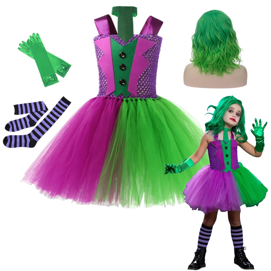 Детский костюм на Хэллоуин, Зеленое платье-пачка для девочек, Детский Косплей, Страшный костюм клоуна, Карнавальный маскарад для девочек, праздничное платье от 2 до 12 лет