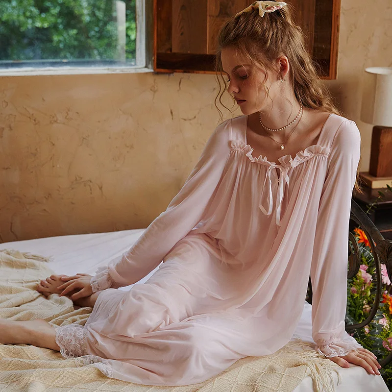 Женская осенняя Свободная сетчатая ночная рубашка, Винтажная модальная ночная рубашка с квадратным воротником и длинными рукавами, однотонное ночное платье Принцессы, Пижамы