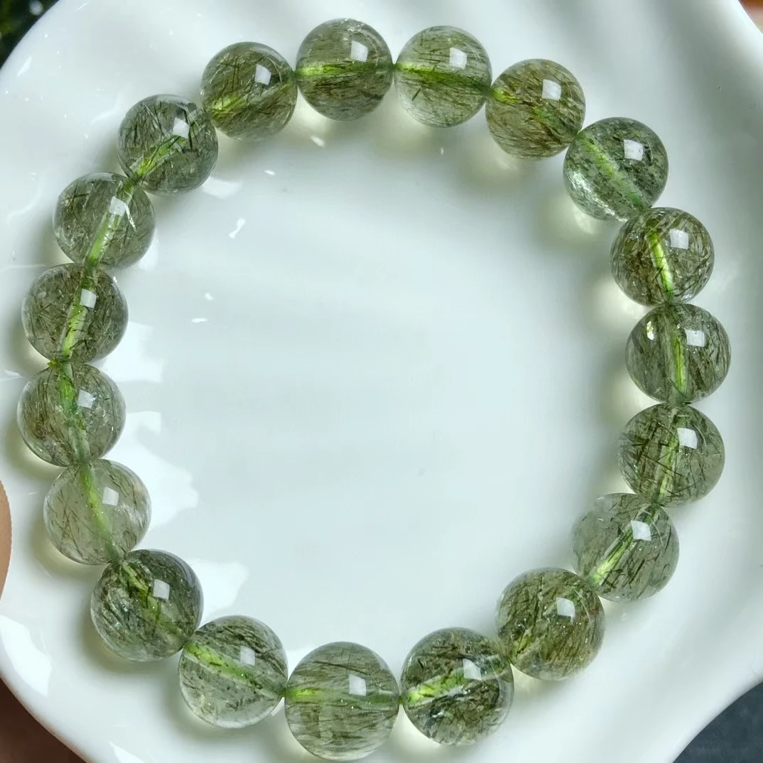 Натуральный Зеленый Турмилированный Рутиловый кварц, прозрачные круглые бусины, браслет, ювелирные изделия, Женская Мужская мода, лучший камень ААААА