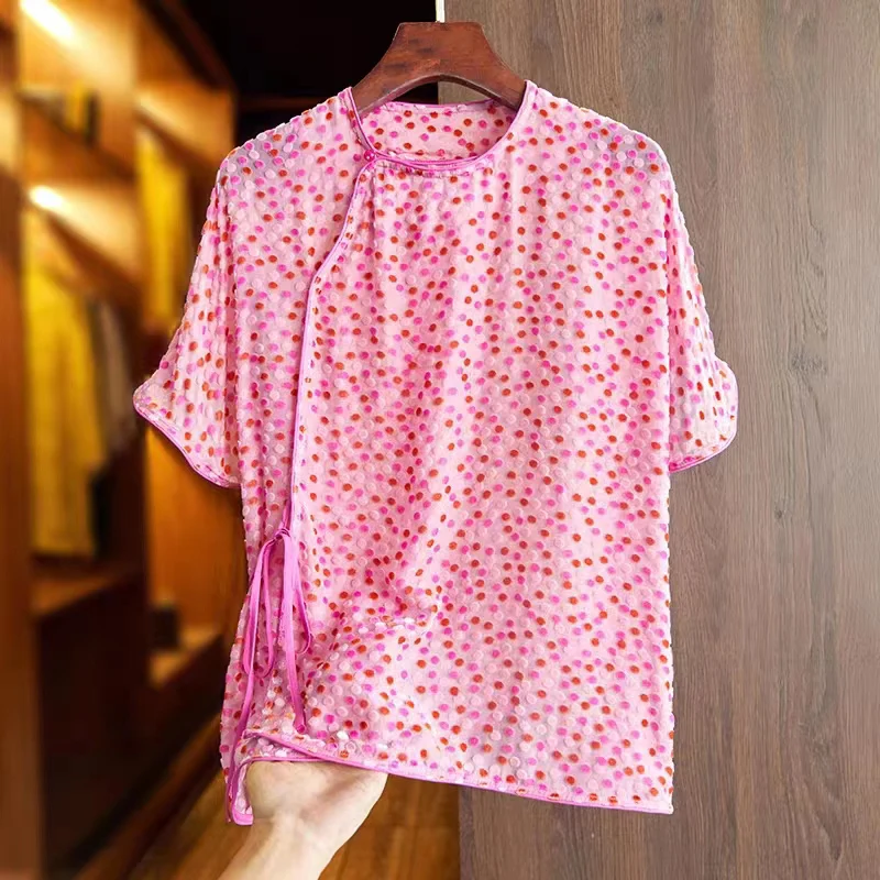 Розовый Шелк + Рубашка с круглым вырезом и коротким рукавом из Флока, Женская Летняя Новая Модная Рубашка на шнуровке + Топ с одной пряжкой в китайском Стиле S-XL