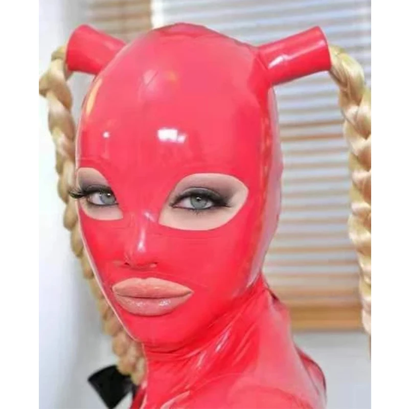 Сексуальные красные латексные капюшоны ручной работы, Резиновая маска с двойными длинными косами, открытые Глаза, рот, Молния сзади